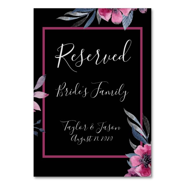 Romantic Black & Rosa Blommigt Script Bröllop Bordsnummer (Framsidan)