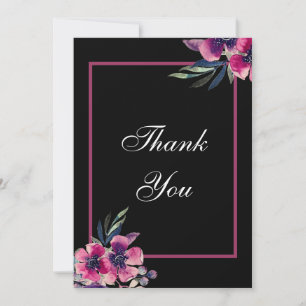 Romantic Black & Rosa Blommigt Script Bröllop Tack Kort