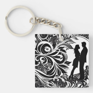 Romantic Black & White Blommigt Silhouette Couple
