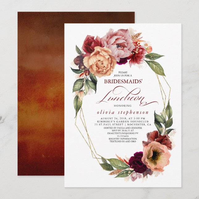 Romantic Blommigt Earthy Fall Bridesmaids Luncheon Inbjudningar (Fram/baksida)