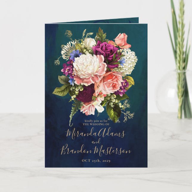 Romantic Blommigt Emerald Grönt Guld Bröllop Inbjudan (Framsida)