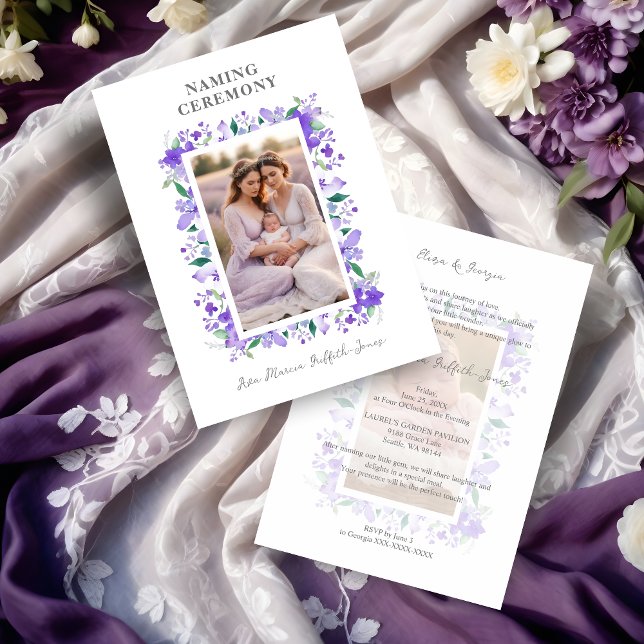 Romantic Blommigt Ram Lila Shades 2 Foton Inbjudningar (Romantic Floral Frame in Purple Shades with 2 Photos Naming Ceremony Template Invitation Card. )