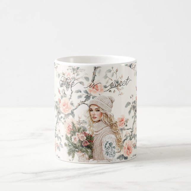 Romantic Blond Hair Lady Peach Roses Floral Kaffemugg (Center)