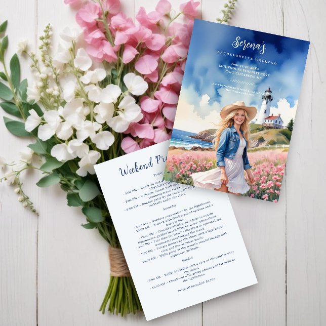 Romantic Blonde Cowgirl Chic Landscape Lighthouse Inbjudningar (Romantic Blonde Cowgirl on Marine Landscape with Lighthouse Bachelorette Weekend Invitation Card.)
