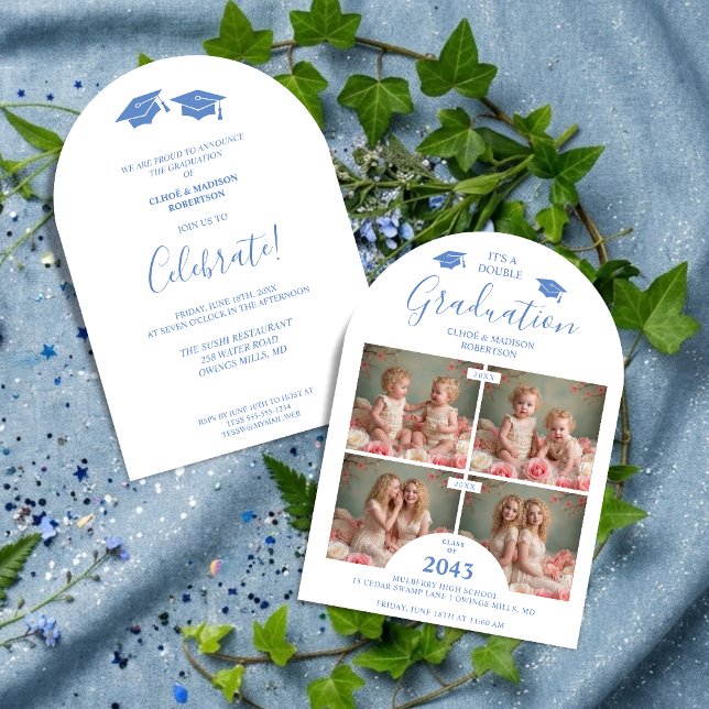 Romantic Blue 4-Photo Double Twins Grads TMF26 Inbjudningar (Romantic Blue 4-Photo Double Twins Graduation Then & Now Whimsical Modern Calligraphy Invitation.)