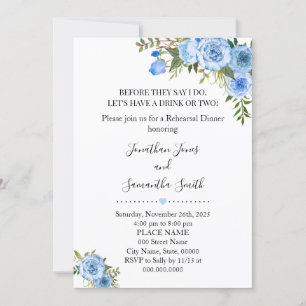 Romantic Blue blommigt boho chic rehearsal middag Inbjudningar