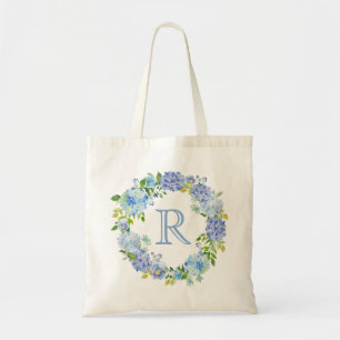 Romantic Blue Blommigt Monogram Tote Bag Tygkasse