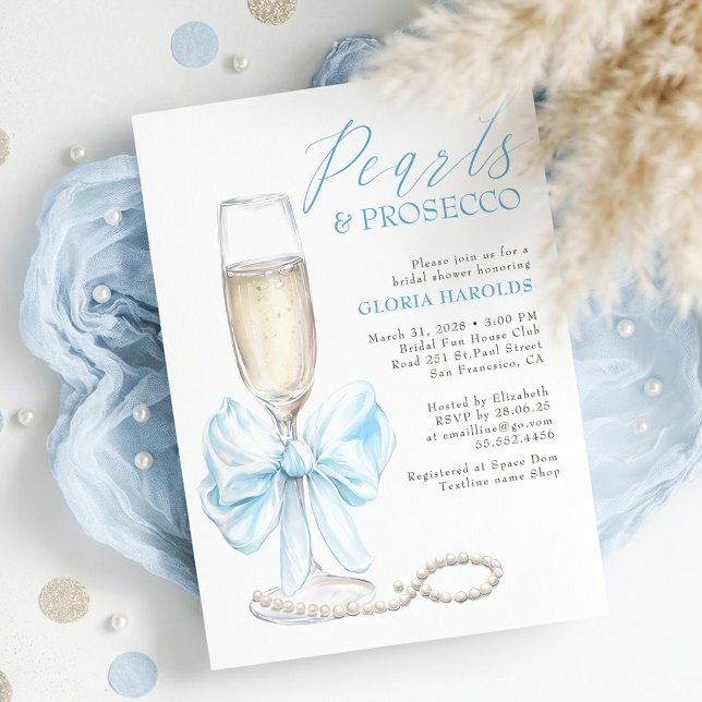 Romantic Blue Bow Pearls & Prosecco Bridal Shower Inbjudningar (Pearls and Prosecco Dusty Blue Bow Elegant Bridal Shower Invitation)