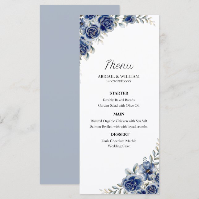 Romantic Blue Floral Botanical Wedding Menus Card Meny (Fram/baksida)