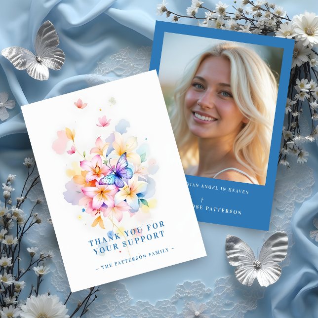 Romantic Blue Floral Butterfly Memorial Photo Card Tack Kort (Romantic Blue Floral and Butterfly Memorial Thank You Cards with Photo Back. )