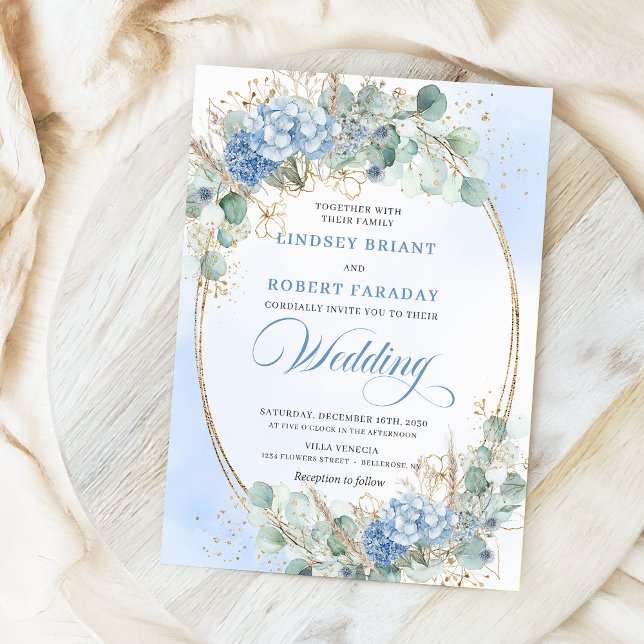 Romantic Blue Floral Gold Frame Wedding Invitation Inbjudningar (Romantic Blue Floral Gold Frame Wedding Invitation)