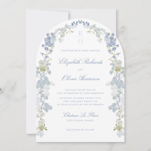 Romantic Blue Floral Monogram All in One Wedding Inbjudningar (Framsida)