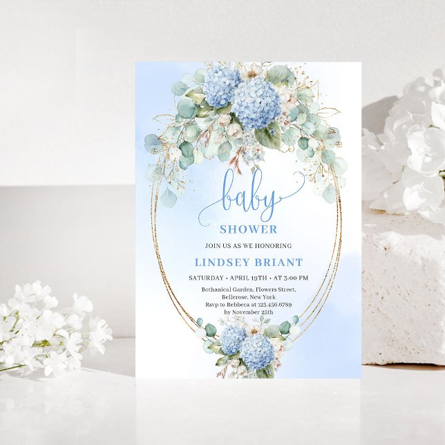 Romantic Blue Hydrangea Baby Shower Gold Invitatio Inbjudningar (Romantic Blue Hydrangea Baby Shower Gold Invitation)