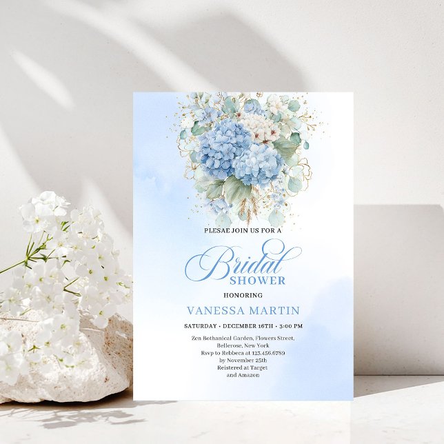 Romantic Blue Hydrangea Gold Floral Bridal Shower Inbjudningar (Romantic Blue Hydrangea Gold Floral Bridal Shower Invitation)