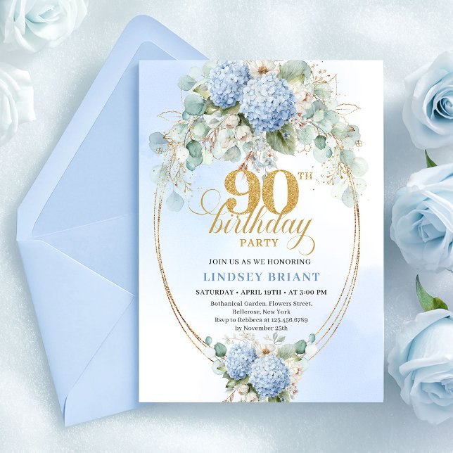 Romantic Blue Hydrangea Gold Frame 90th Birthday Inbjudningar (Romantic Blue Hydrangea Gold Frame 90th Birthday)