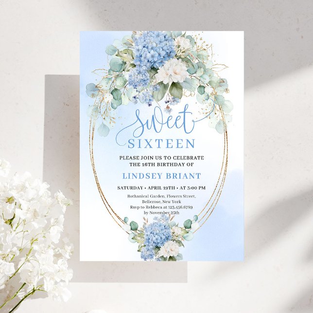 Romantic Blue Hydrangea Sweet Sixteen Invitation Inbjudningar (Romantic Blue Hydrangea Sweet Sixteen Invitation)