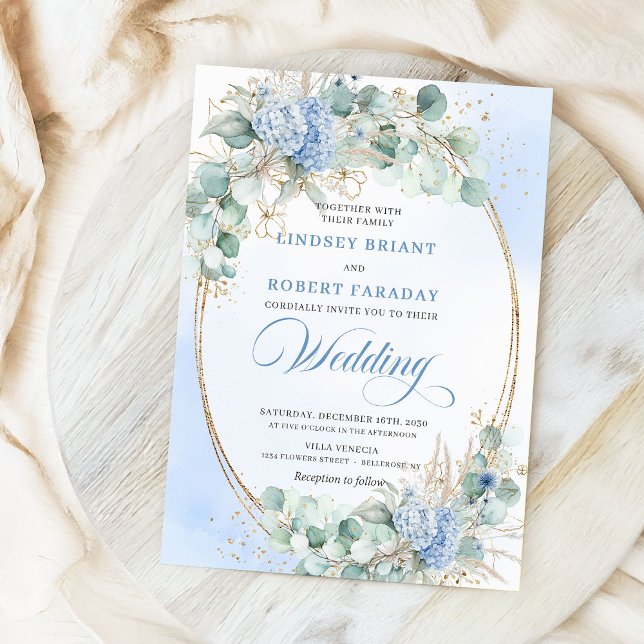 Romantic Blue Hydrangea Wheat Botanical Wedding  Inbjudningar (Romantic Blue Hydrangea Wheat Botanical Wedding Invite)