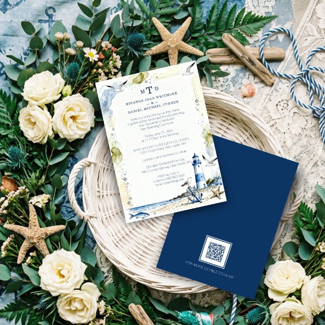 Romantic Blue Nautical Lighthouse Coastal Wedding Inbjudningar (Romantic Blue Nautical Lighthouse & Coastal Wedding Beach Shore Marine Theme Invitation. )