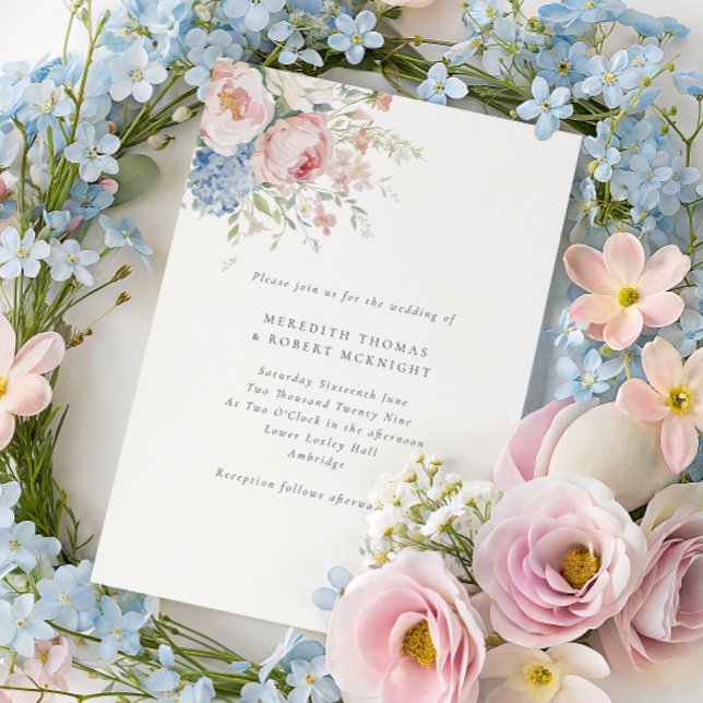Romantic Blue & Pink Pastel Floral Wedding Inbjudningar (Skapare uppladdad)