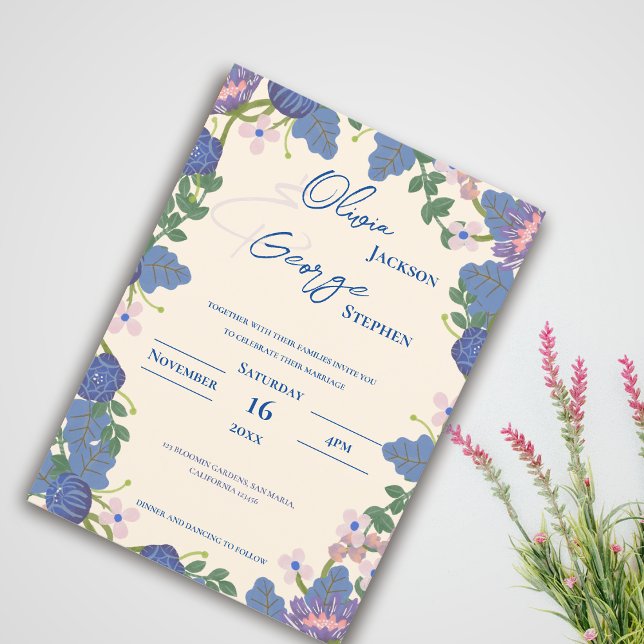 Romantic Blue & Purple Florals Garden Wedding Inbjudningar (Romantic Blue & Purple Florals Garden Wedding Invitation)