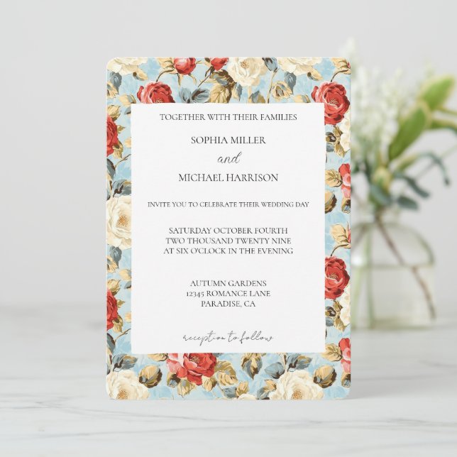 Romantic Blue Red Cream Roses Floral Wedding Inbjudningar (Stående Fram)