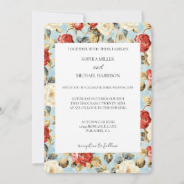 Romantic Blue Red Cream Roses Floral Wedding Inbjudningar
