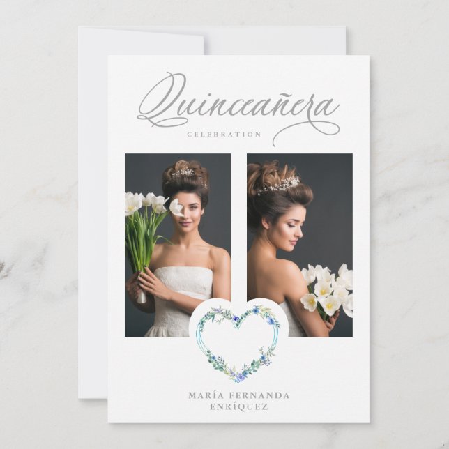 Romantic Blue Shades Floral Heart Photo XV años (Framsida)