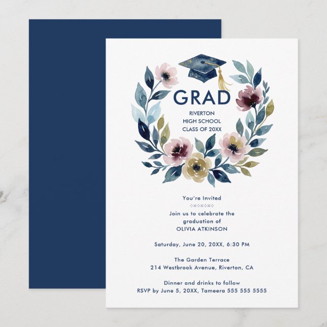 Romantic Blue Shades Floral Wreath Graduation Inbjudningar (Fram/baksida)