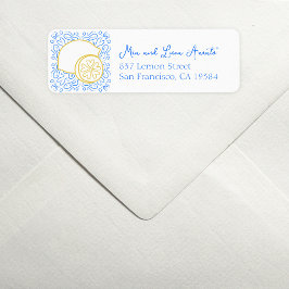 Romantic Blue Tile Citrus Lemon Luxury Bröllop Returadress Etikett