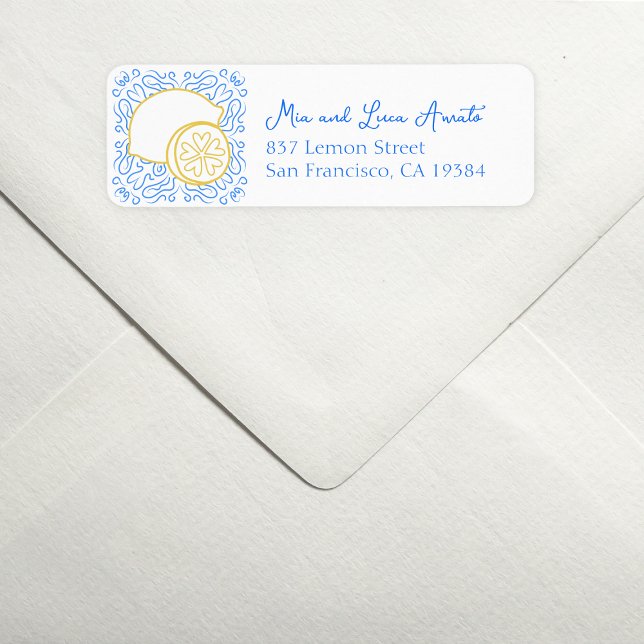 Romantic Blue Tile Citrus Lemon Luxury Bröllop Returadress Etikett (Add a zesty twist to your mail with this chic lemon-themed address label—fresh, fun, and stylish.)