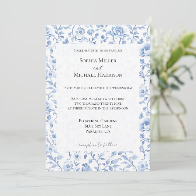 Romantic Blue White Floral Wedding Inbjudningar (Stående Fram)