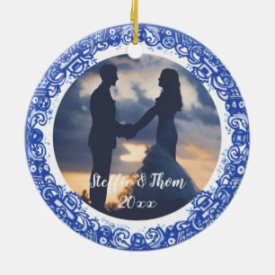 Romantic Blue & White Willow Photo Birds Bröllop Julgransprydnad Keramik
