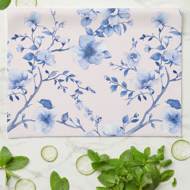 Romantic Blush Blue Floral Bridal Shower Kökshandduk (Vikta)