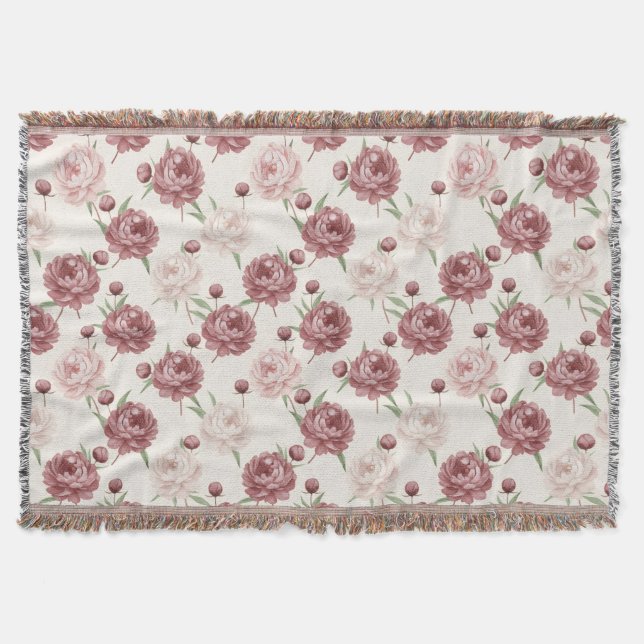 Romantic Blush & Burgundy Peony Floral Pattern Filt (Framsidan)