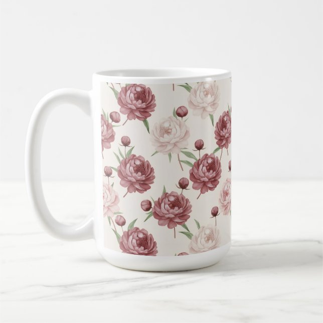 Romantic Blush & Burgundy Peony Floral Pattern Kaffemugg (Vänster)