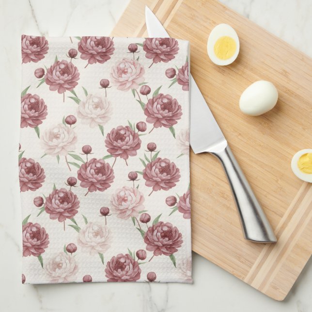 Romantic Blush & Burgundy Peony Floral Pattern Kökshandduk (Vikt i Fjärdedel)