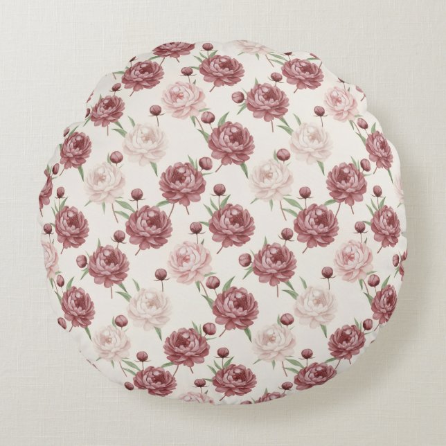 Romantic Blush & Burgundy Peony Floral Pattern Rund Kudde (Framsidan)