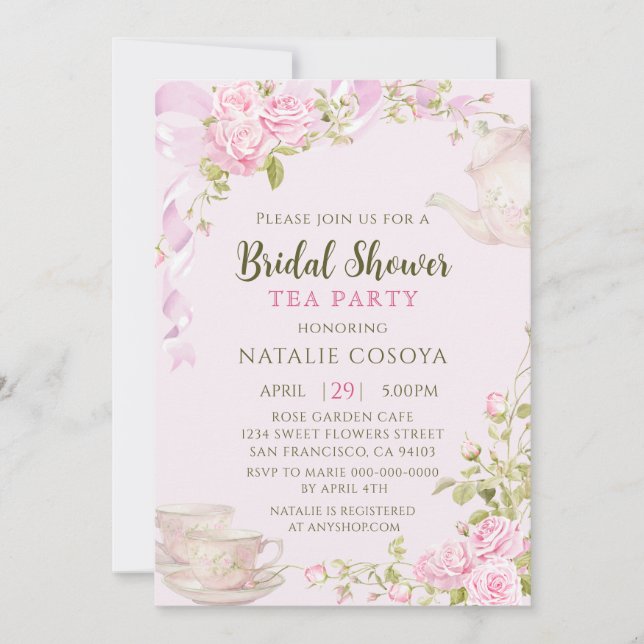 Romantic Blush Floral Bridal Shower Tea Party Inbjudningar (Framsida)