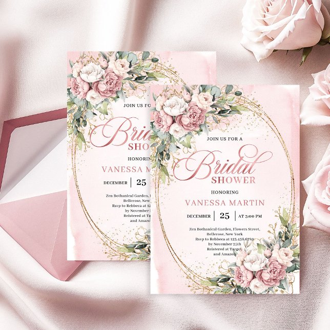 Romantic Blush Floral Greenery Gold Shower Inbjudningar (Romantic Blush Floral Greenery Gold Shower)