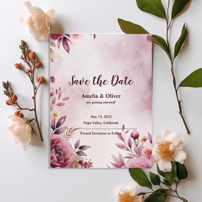 Romantic Blush Floral Wedding Save the Date Inbjudan Vykort (Romantic Blush Floral Save the Date Invitation | Elegant Watercolor Wedding Save the Date Card)