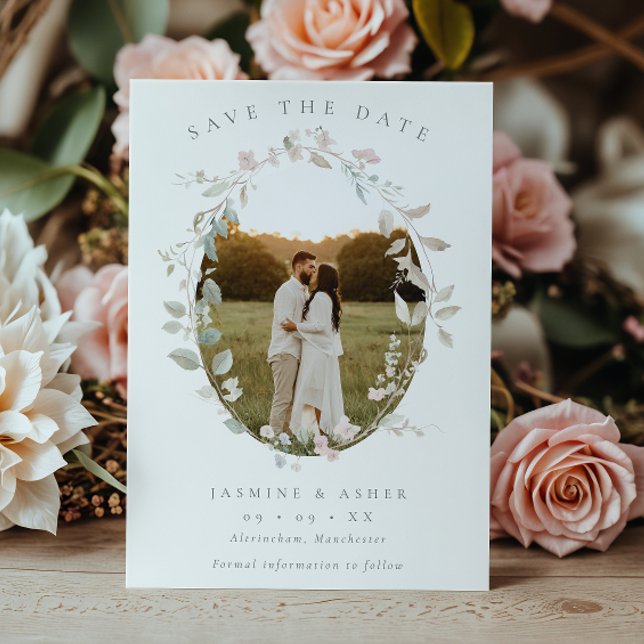 Romantic Blush Floral Wreath Photo Wedding Spara Datumet (Skapare uppladdad)