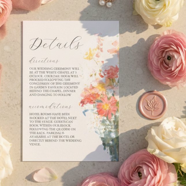 Romantic Blush Painted Floral Wedding Details Tilläggskort (Romantic Blush Painted Floral Wedding Details Enclosure Card)