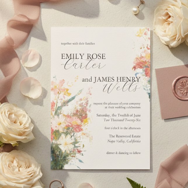 Romantic Blush Painted Floral Wedding Inbjudningar (Romantic Blush Painted Floral Wedding Invitation)