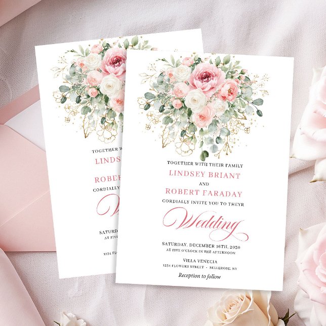 Romantic Blush Peonies Greenery Gold Wedding  Inbjudningar (Romantic Blush Peonies Greenery Gold Wedding Invite)