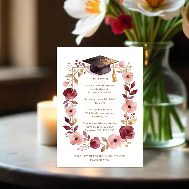 Romantic Blush Pink and Burgundy Graduation Inbjudningar (Romantic Blush Pink and Burgundy Floral Frame Graduation Party Invitation Cards.)