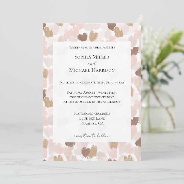 Romantic Blush Pink Brown Cream Hearts Wedding Inbjudningar (Stående Fram)