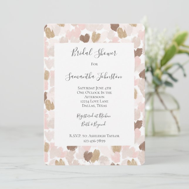 Romantic Blush Pink Brown Hearts Bridal Shower Inbjudningar (Stående Fram)