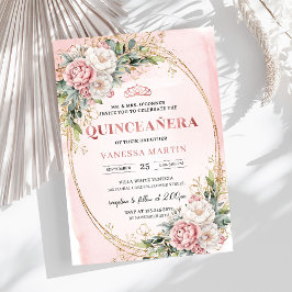 Romantic Blush Pink Floral Greenery Quinceañera Inbjudningar