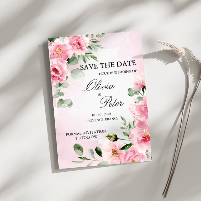 Romantic Blush Pink Floral Save the Date Inbjudningar (Skapare uppladdad)