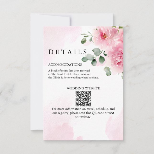 Romantic Blush Pink Floral Wedding Details Card Tack Kort (Framsida)